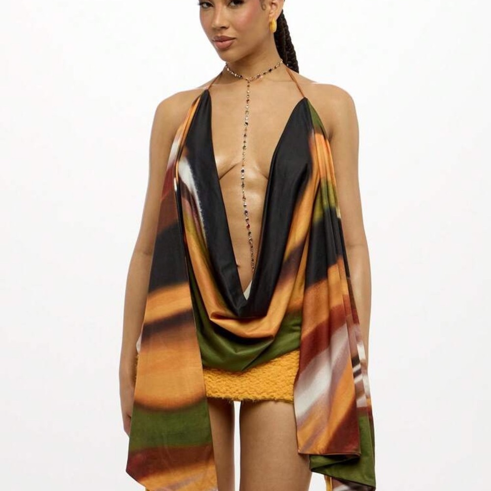 SHEIN Multi-Color Draped Halter Crop Top in Black, Green & Orange